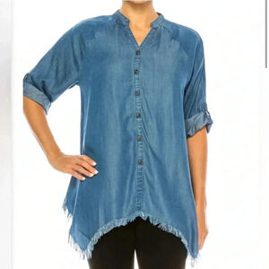 Hester & Orchard NWT Tencel Button Front Split Neck Fringe Hem Shirt Sz S